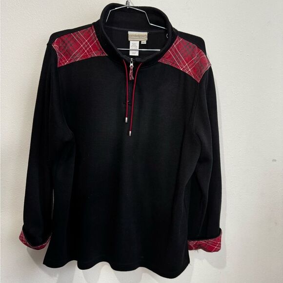 Coldwater Creek L 1/4 Zip Black Sweatshirt Plaid Trim - Picture 1 of 8